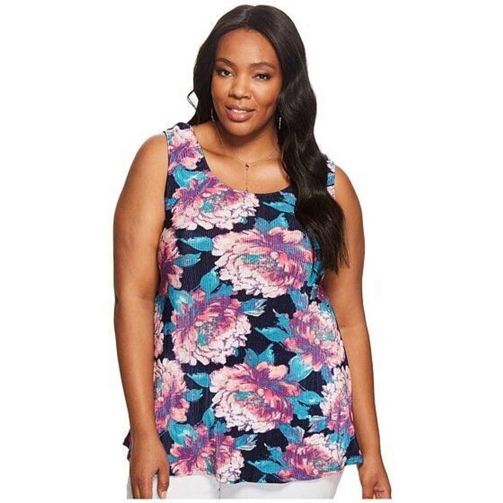 Kiyonna Women Top Floral 1X Parker Pleated Style Peony Colorful Pretty Plus Size
